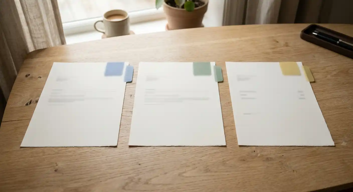 Drei Lizenzdokumente nebeneinander auf einem Schreibtisch mit Tageslicht
