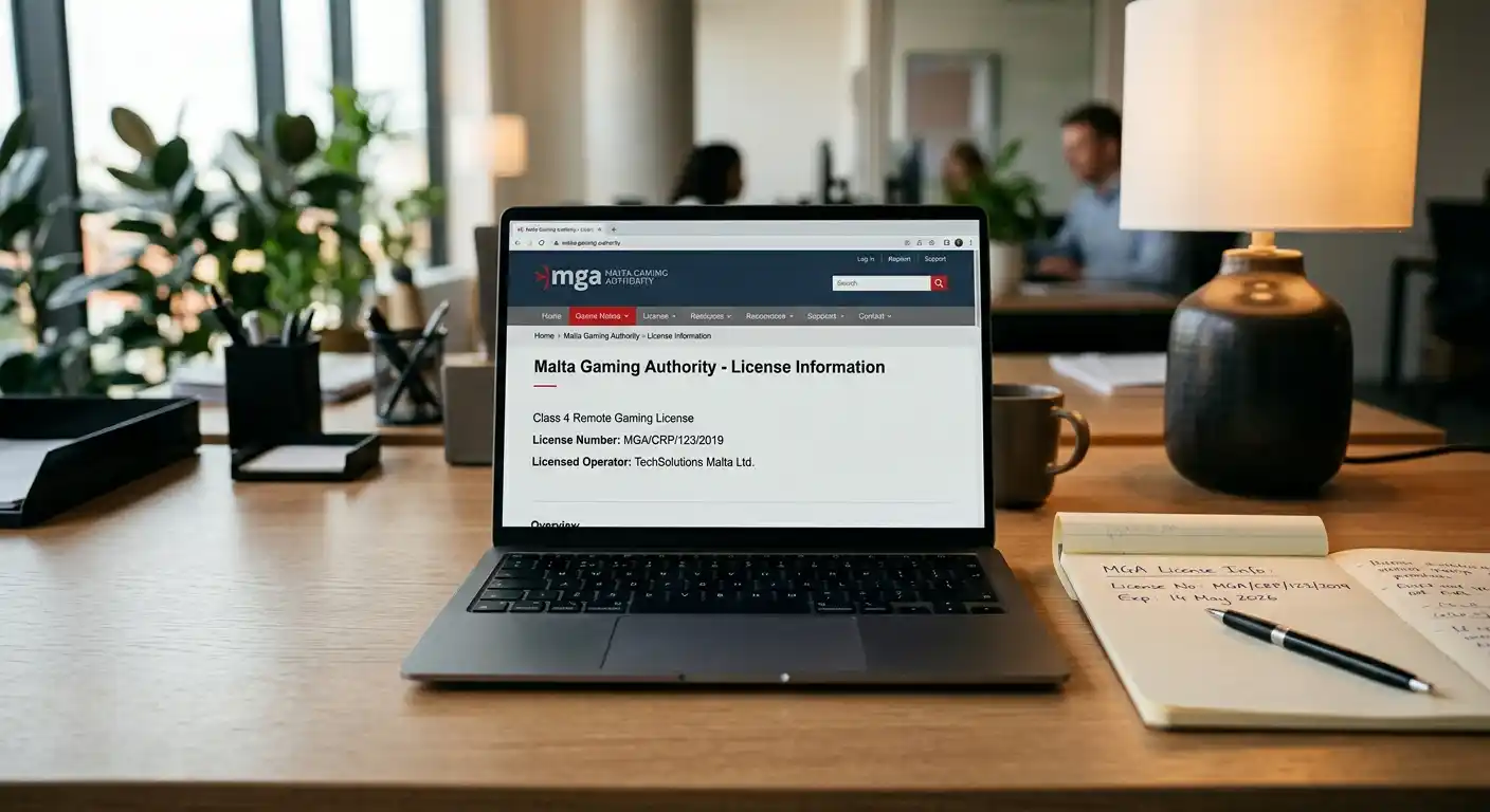 Dokument mit Lizenznummer und Malta-Gaming-Authority-Logo auf Laptop-Bildschirm