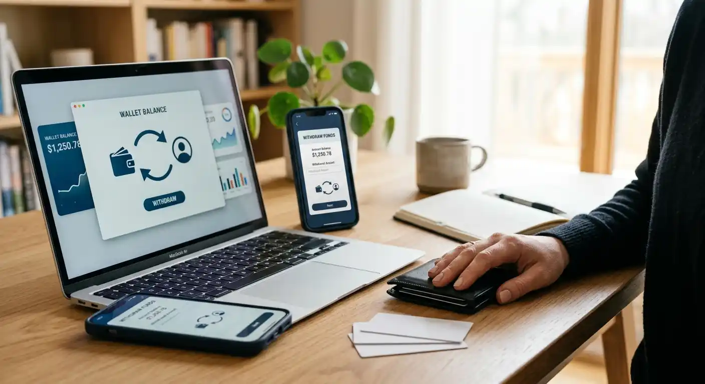 Neutrale Auszahlungssymbole mit Smartphone und E-Wallet-Fenster auf einem Schreibtisch
