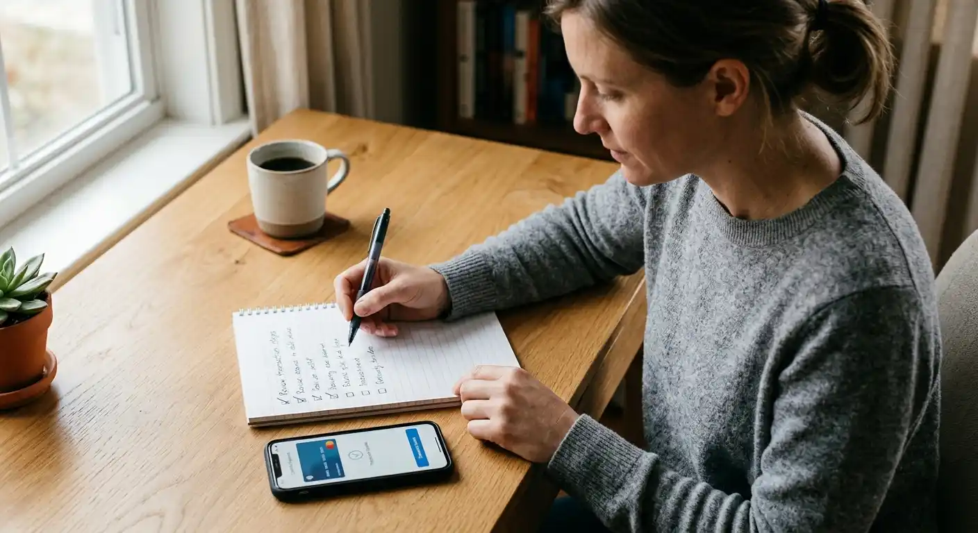 Smartphone mit neutraler Kassenansicht und handschriftlicher Checkliste für eine Casino-Einzahlung