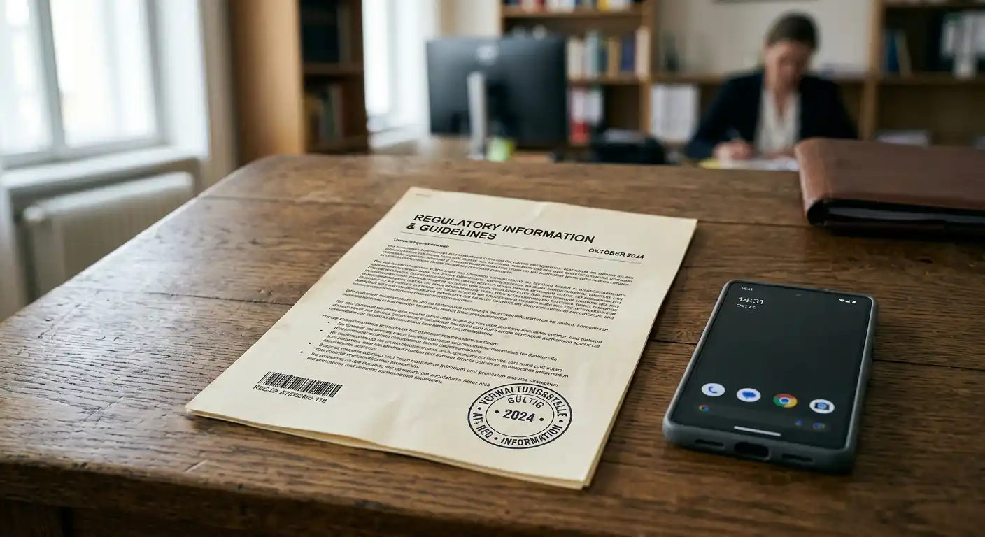 Neutrales österreichisches Glücksspiel-Dokument neben einem Smartphone und einem sachlichen Prüfhinweis