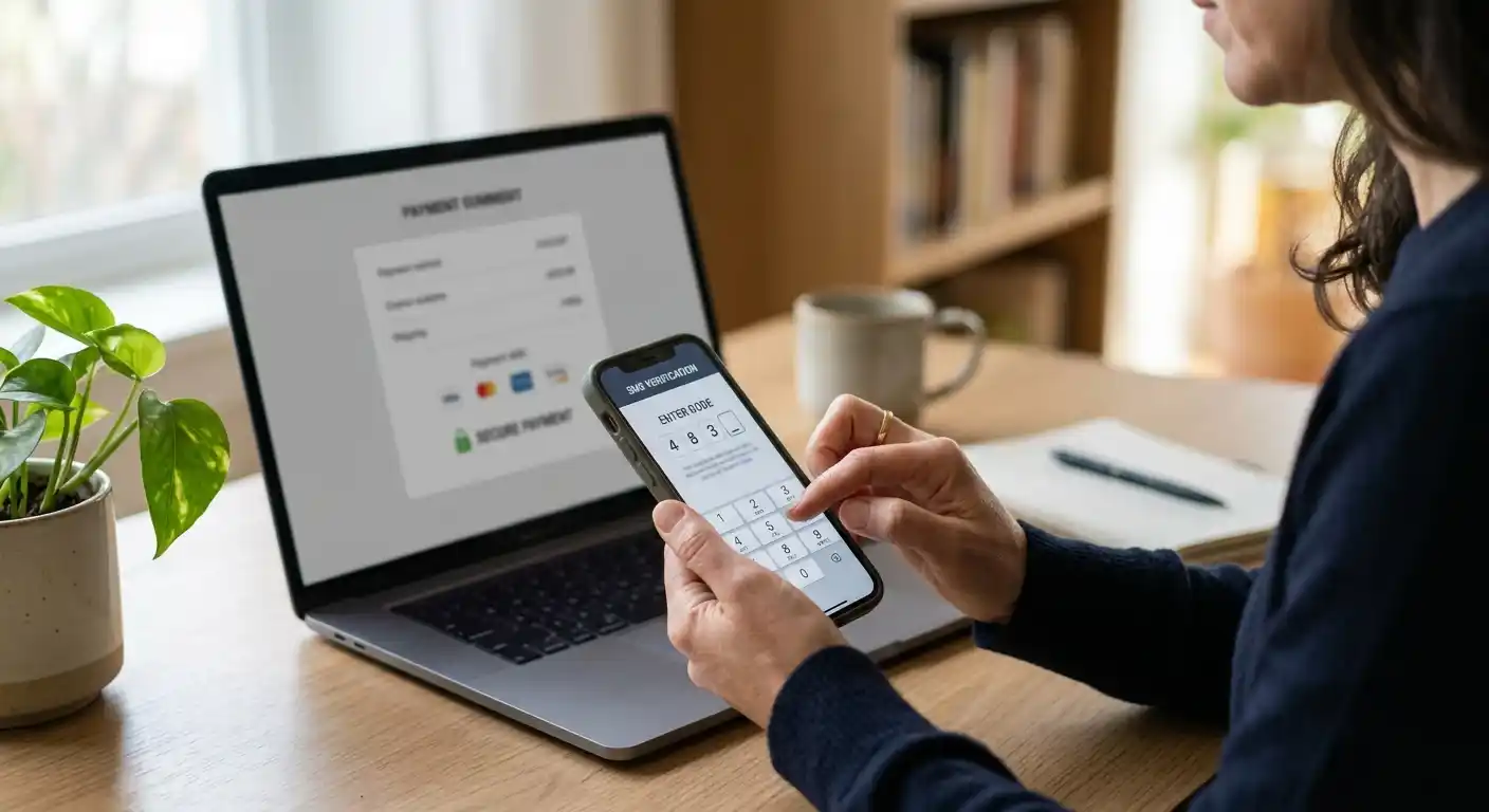 Person bestätigt eine mobile Zahlung per SMS auf einem Smartphone an einem aufgeräumten Schreibtisch