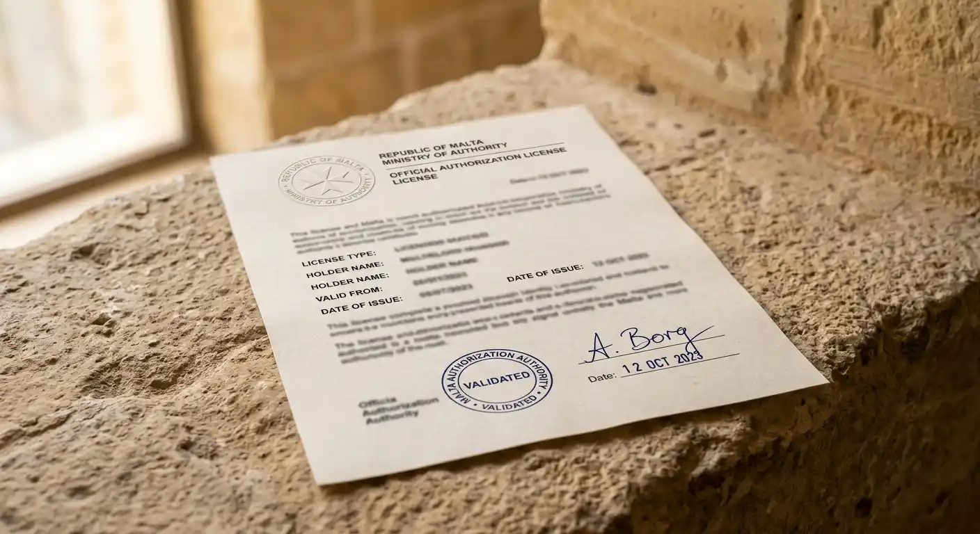 Lizenzdokument der Malta Gaming Authority mit neutralem Siegel