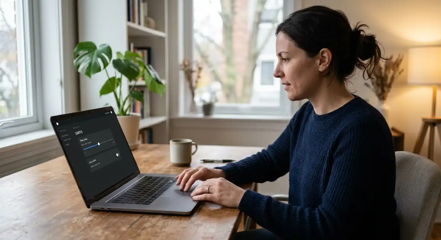 Person setzt an einem Laptop sichtbare Spiel- und Verlustlimits in einer neutralen Oberfläche