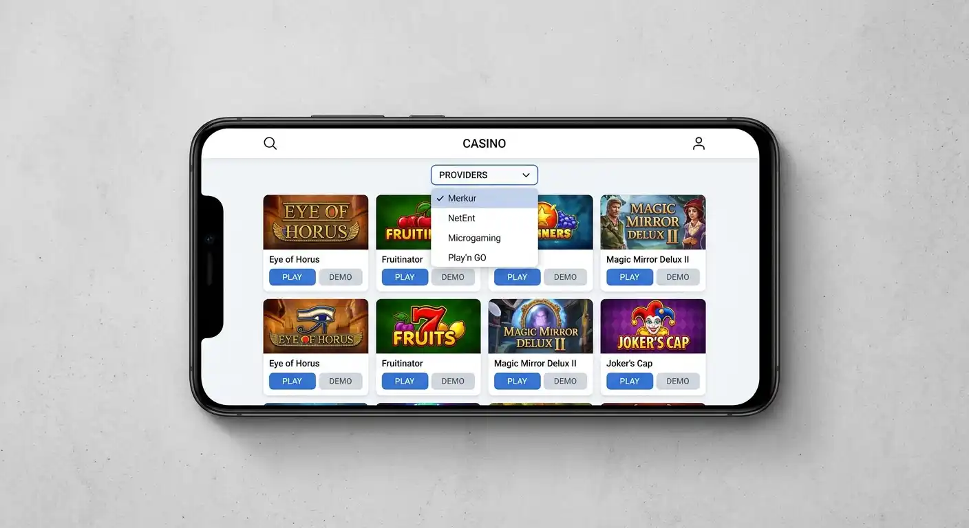 Smartphone zeigt Merkur-Slot-Liste mit Demo-Buttons und Filterfunktion für Provider-Auswahl