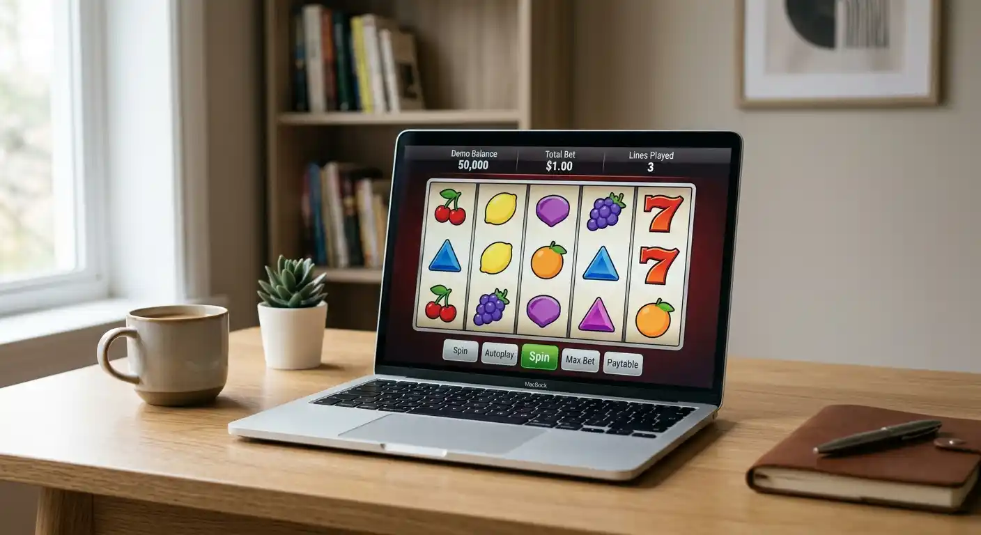 Laptop mit neutralem Demomodus eines Spielautomaten und virtuellem Guthaben ohne Markenhinweise