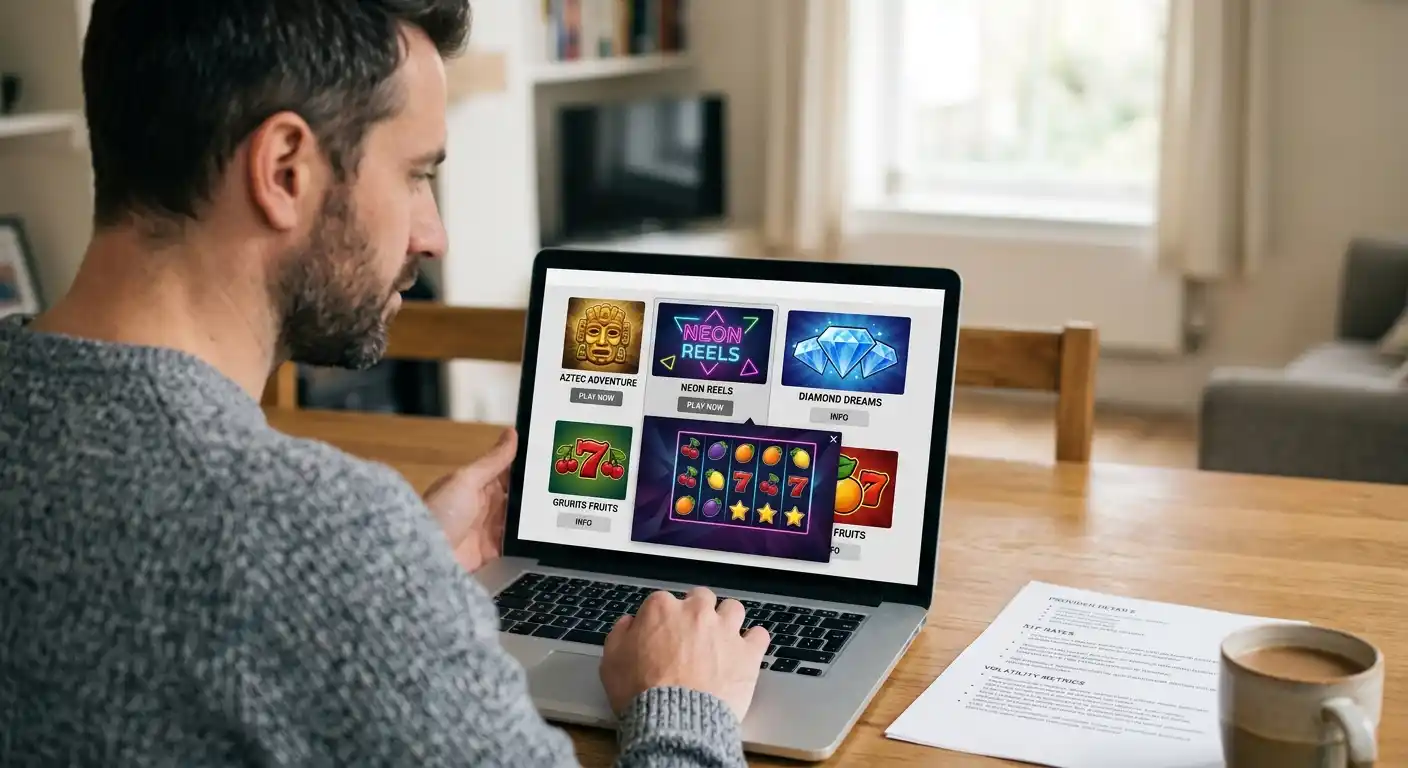 Laptop mit neutraler Spielautomaten-Oberfläche und daneben dokumentierte Betreiberangaben