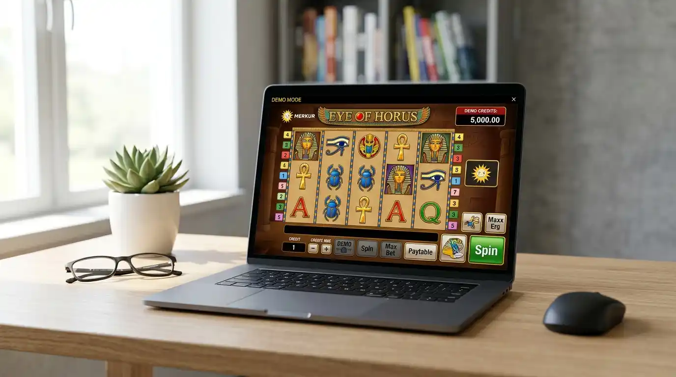 Desktop mit Laptop zeigt Merkur-Slot im Demo-Modus ohne Login-Maske