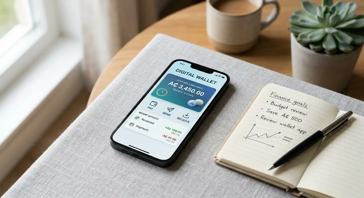 E-Wallet-Symbol und Auszahlungsuhr auf einem Smartphone-Bildschirm mit neutralem Bankhintergrund