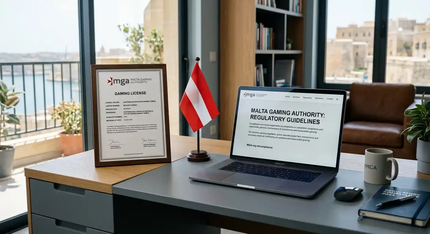 Malta Gaming Authority Lizenzdokument auf modernem Schreibtisch neben österreichischer Flagge