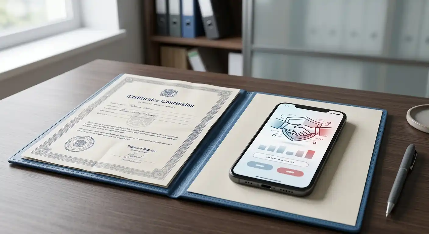 Neutrale österreichische Konzessionsunterlage neben einem internationalen Wallet-Symbol