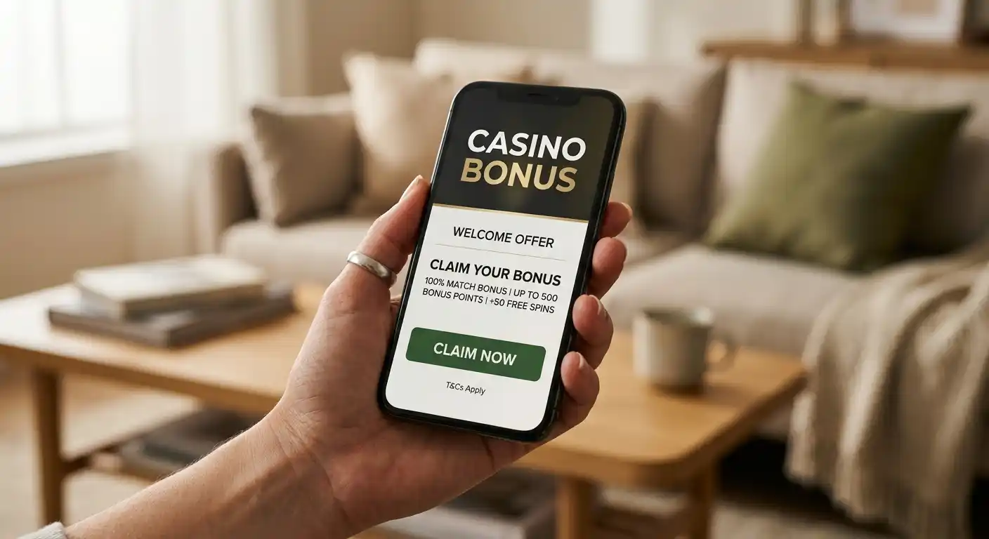 Hand hält einen Smartphone mit Casino-Bonusangebot, im Hintergrund verschwommen ein Wohnzimmer