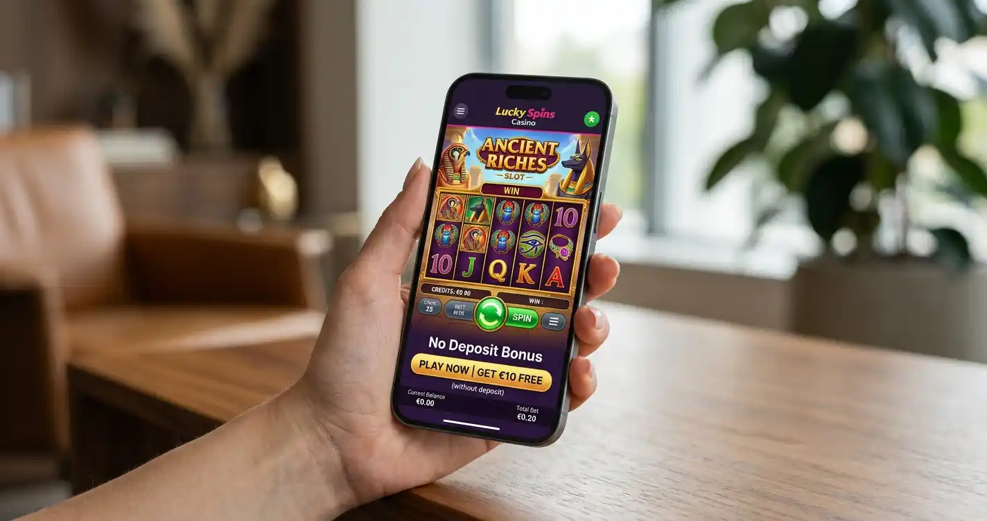Smartphone zeigt einen Spielautomaten auf einem Spielautomat­bildschirm, freundliche Farben, neutraler Hintergrund