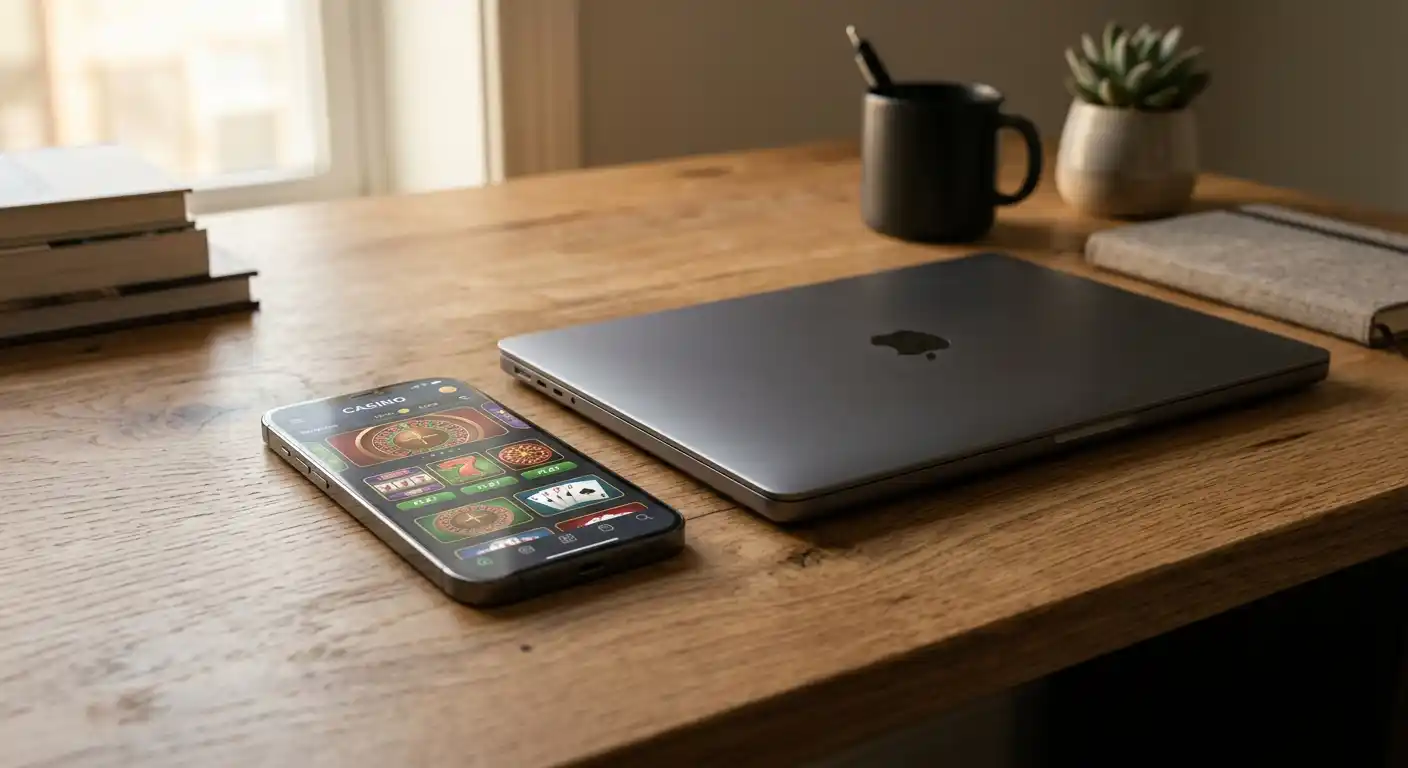 Smartphone und Laptop nebeneinander auf einem Tisch, beide Bildschirme zeigen dieselbe Casino-Lobby ohne Marken-Logo, indirektes Licht