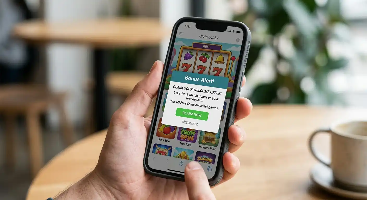 iPhone in einer Hand mit geöffnetem Casino-Bonus-Fenster über einer Spielautomat-Lobby, weiches Tageslicht, kein erkennbares Casino-Branding