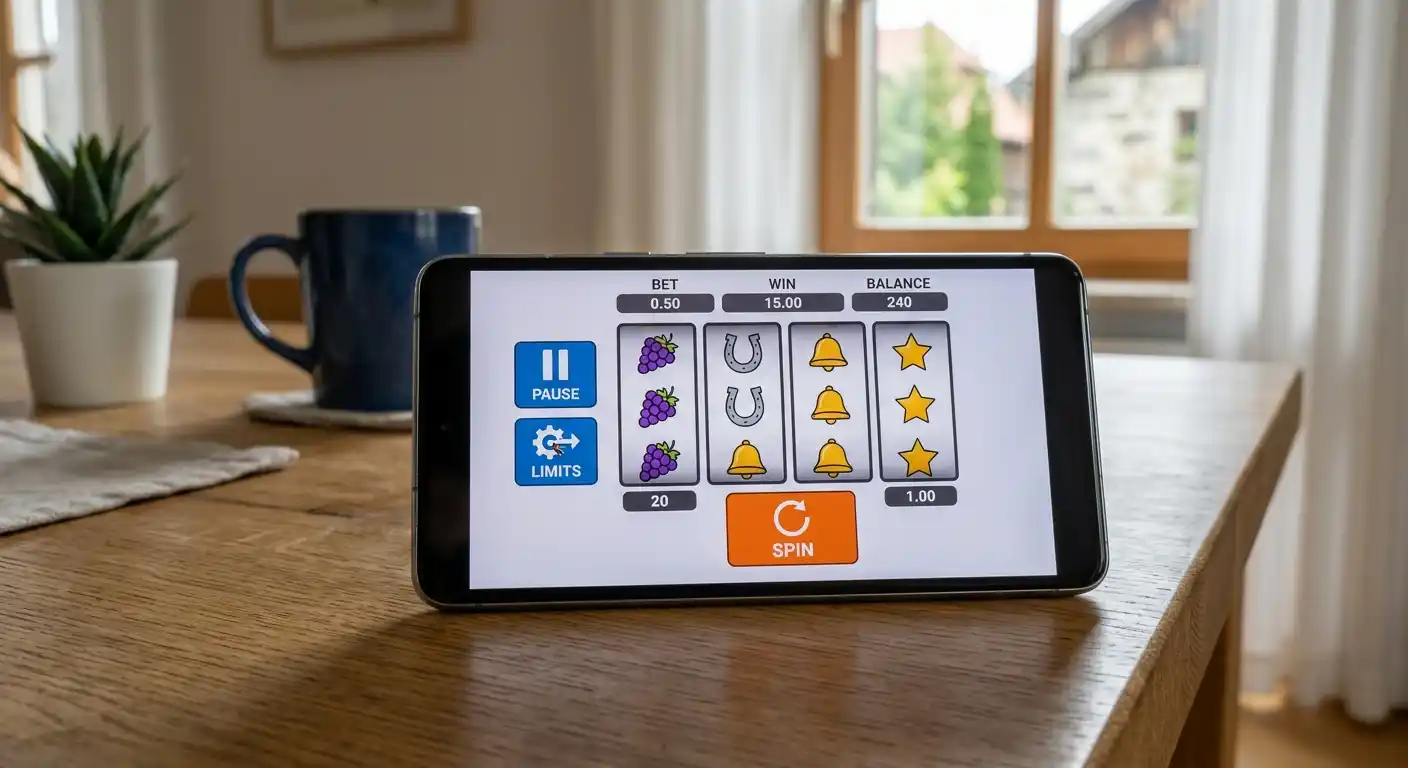 Smartphone mit neutraler mobiler Slot-Oberfläche auf einem aufgeräumten Tisch