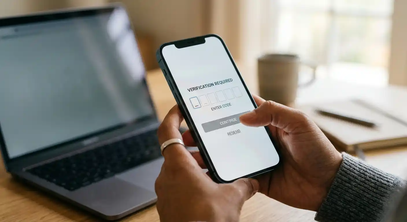 Hand hält ein Smartphone mit SMS-Code zur Verifizierung eines mobilen Casino-Bonus