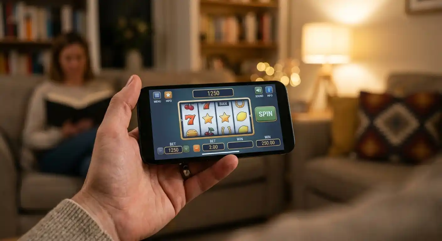 Hand hält Smartphone mit neutraler Casino-Oberfläche für mobiles Spielen