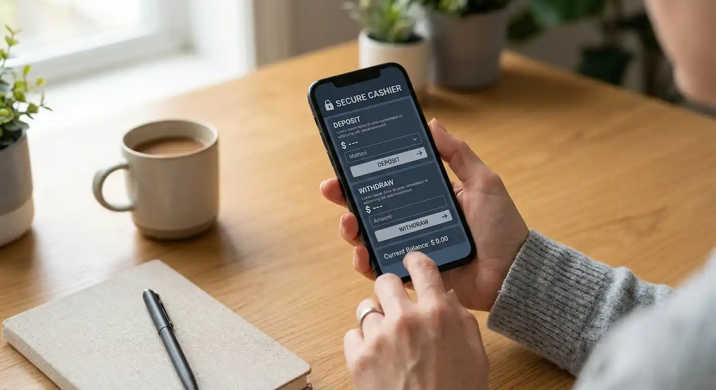 Smartphone mit neutraler mobiler Kasse auf einem ruhigen, aufgeräumten Tisch