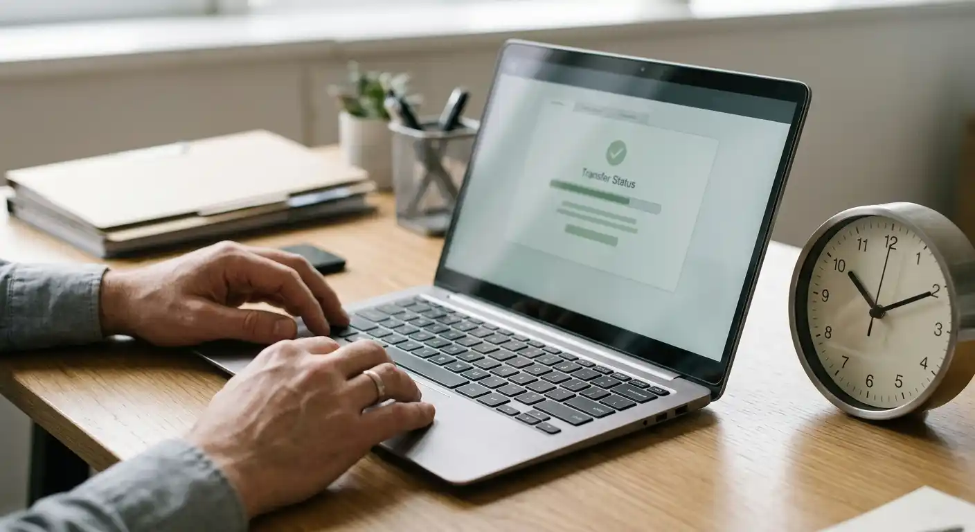Neutrale Auszahlungskontrolle mit Wallet-Symbol und Uhr auf einem ordentlichen Schreibtisch