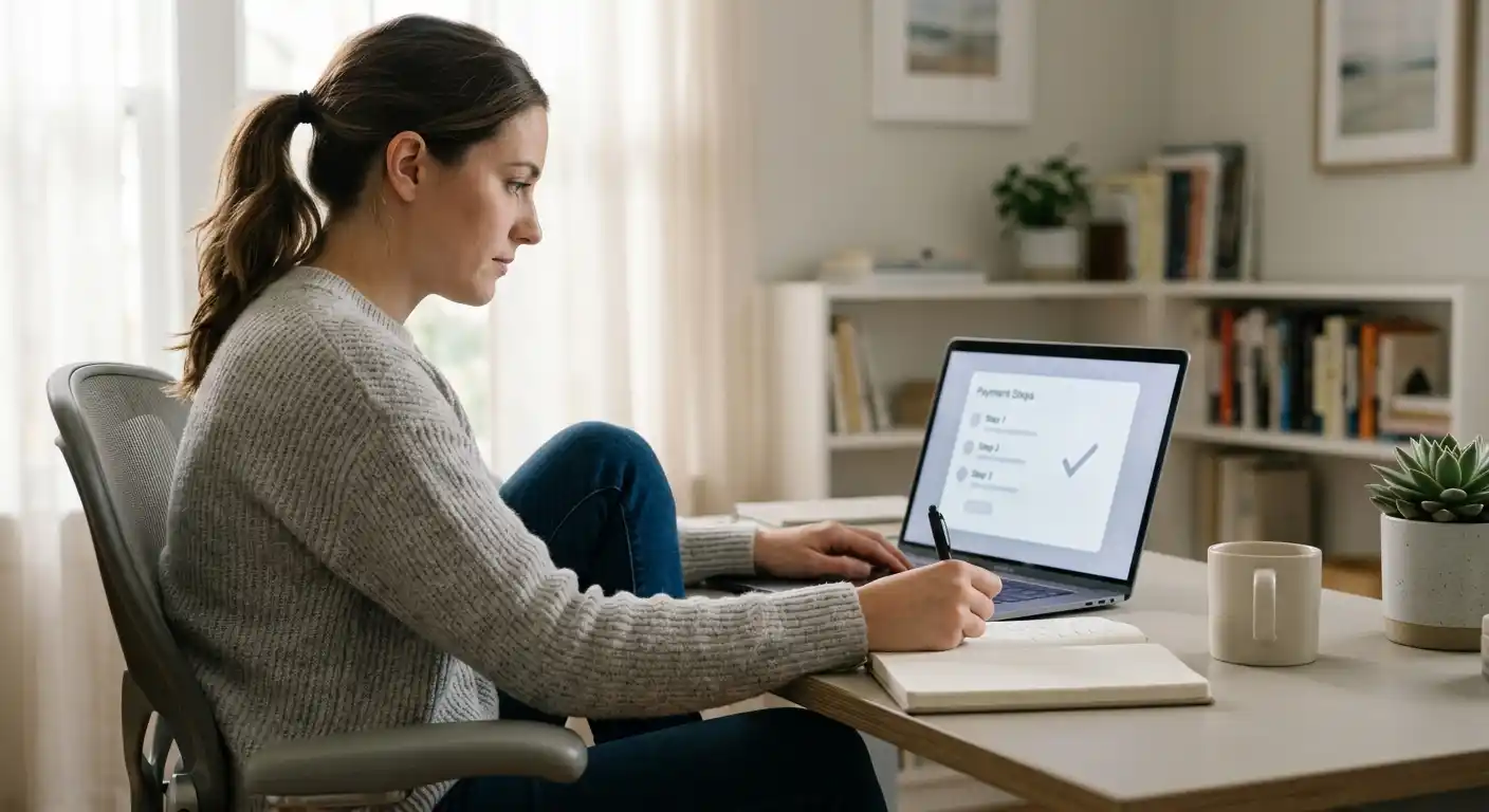 Person mit Notizbuch prüft Neteller-Einzahlungsschritte an einem Laptop