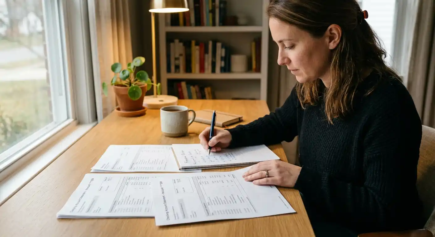 Person am Schreibtisch mit Taschenrechner und Kontoauszügen