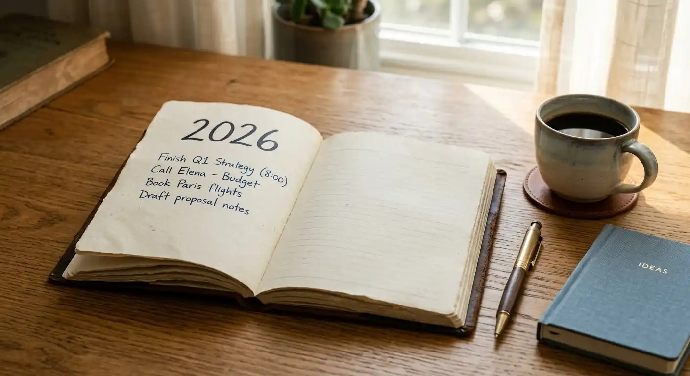 Notizbuch mit aktuellem Datum 2026 und einer kleinen Liste neuer Anbieter
