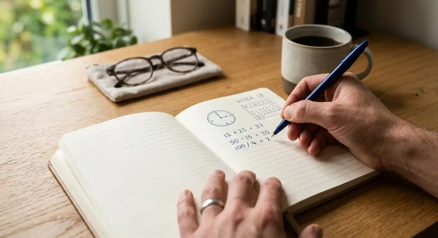Notizbuch mit handschriftlicher Rechnung zu Bonusumsatz und Zeitfenster