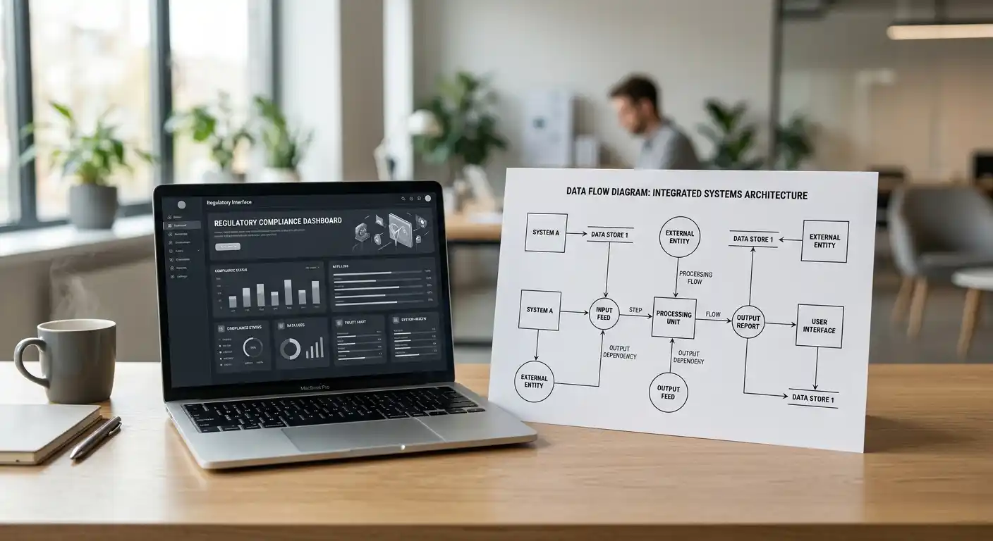 Visualisierung von OASIS und LUGAS Systemen mit neutralen Datenfluss-Diagrammen, keine echten Logos