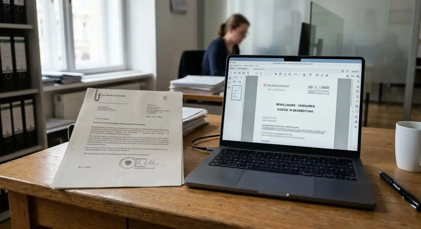 Neutrales österreichisches Konzessionsdokument neben einem Laptop