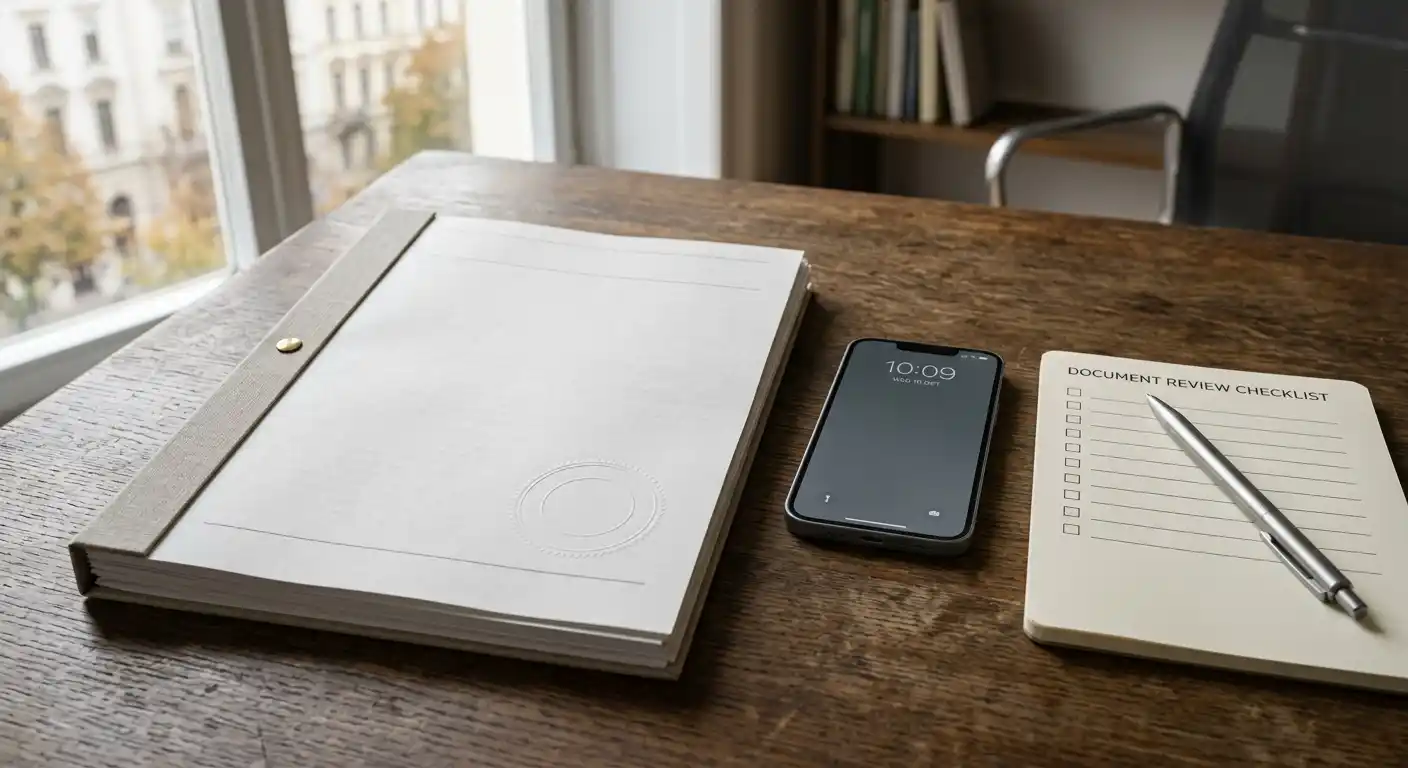 Neutrales österreichisches Rechtsdokument neben Smartphone und Prüfliste