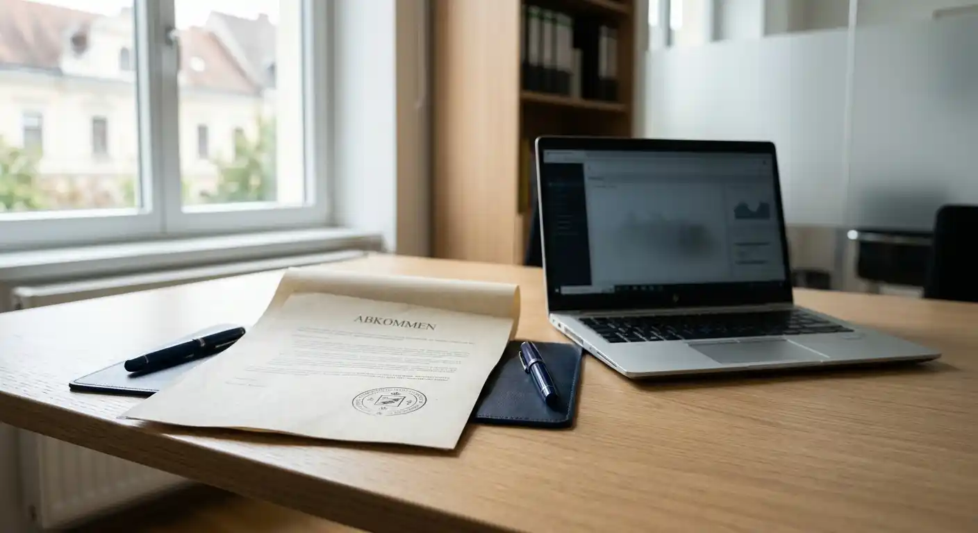 Neutrales Dokument und Laptop mit Lizenzprüfung auf einem Schreibtisch
