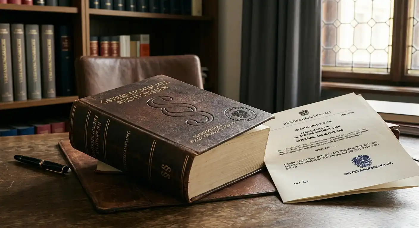 Österreichisches Gesetzbuch mit Paragraph-Symbol und neutralem Regierungs-Dokument