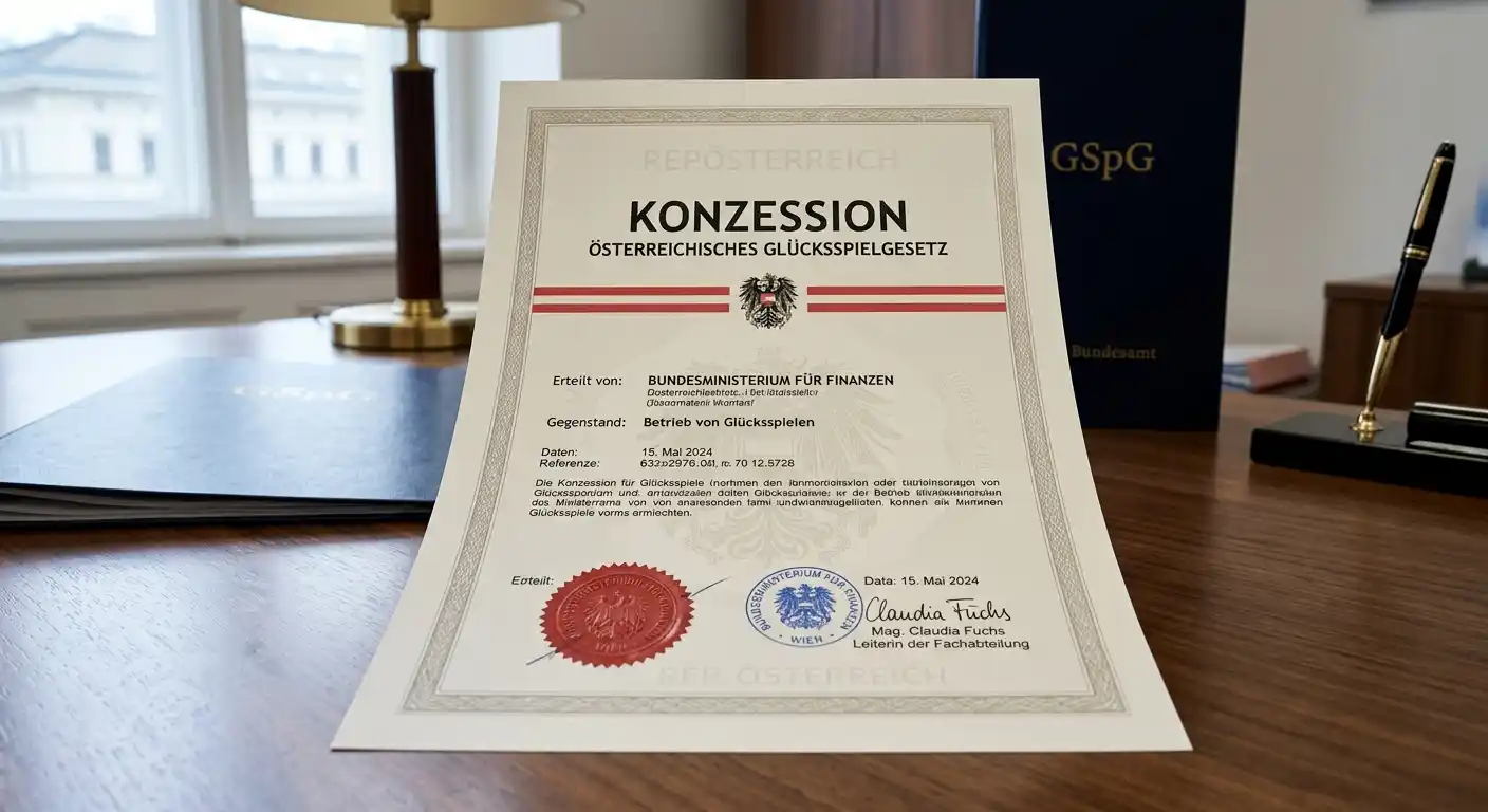Österreichische Glücksspiellizenz Dokument mit Stempel und Konzession