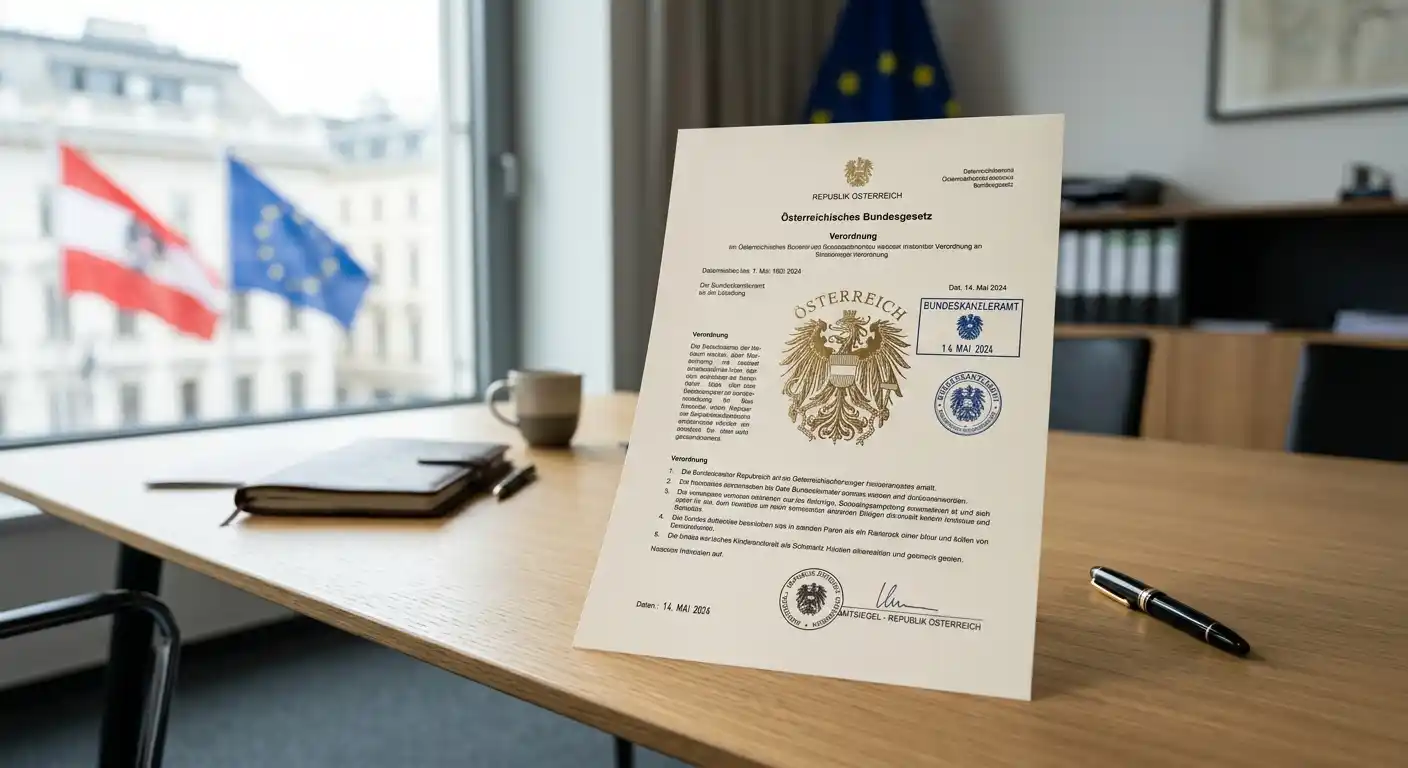 Österreichisches Glücksspielgesetz-Dokument mit Monopol-Markierung und EU-Flagge