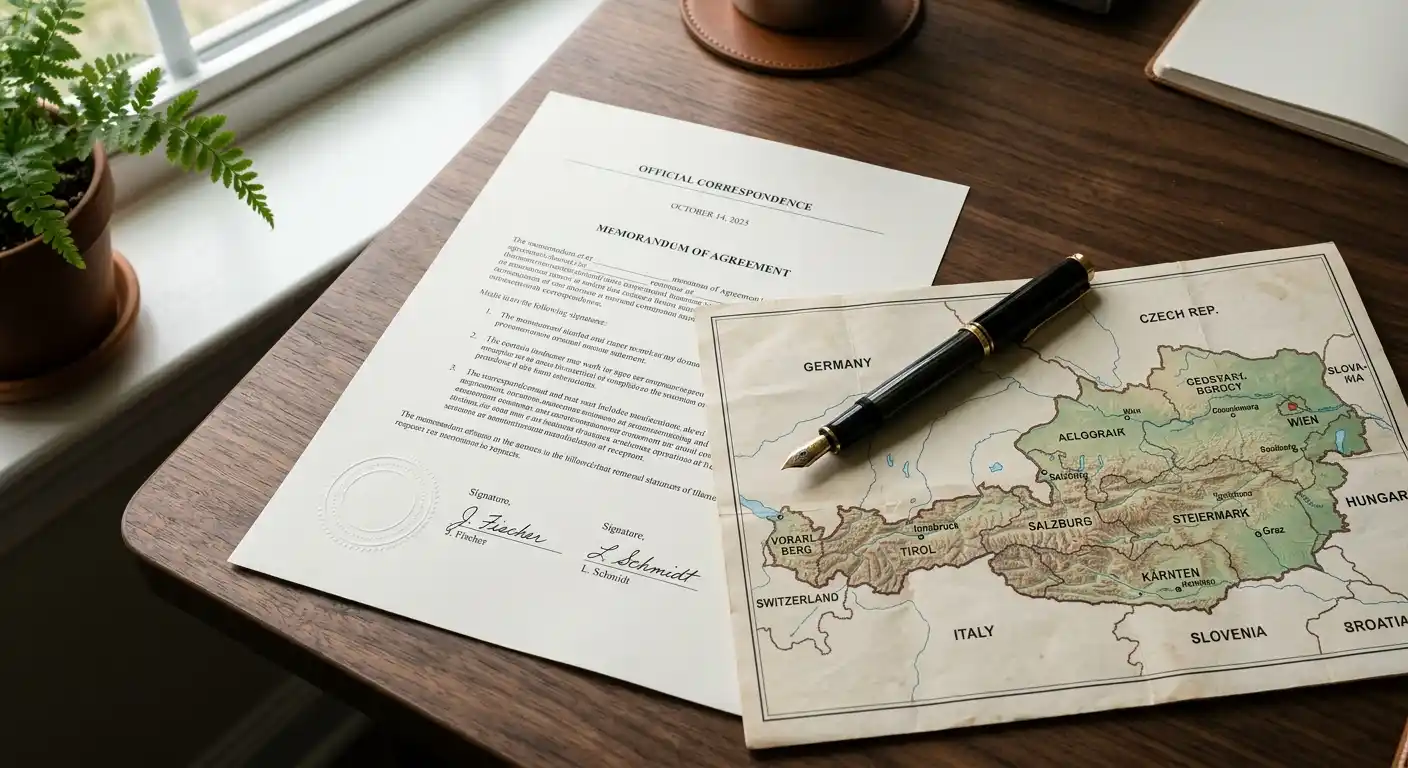 Amtliches Dokument mit Stempel neben einer österreichischen Landkarte auf einem Schreibtisch