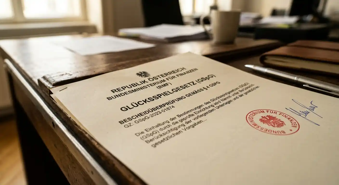 Österreichisches Glücksspielgesetz-Dokument mit BMF-Stempel und Konzessionstext