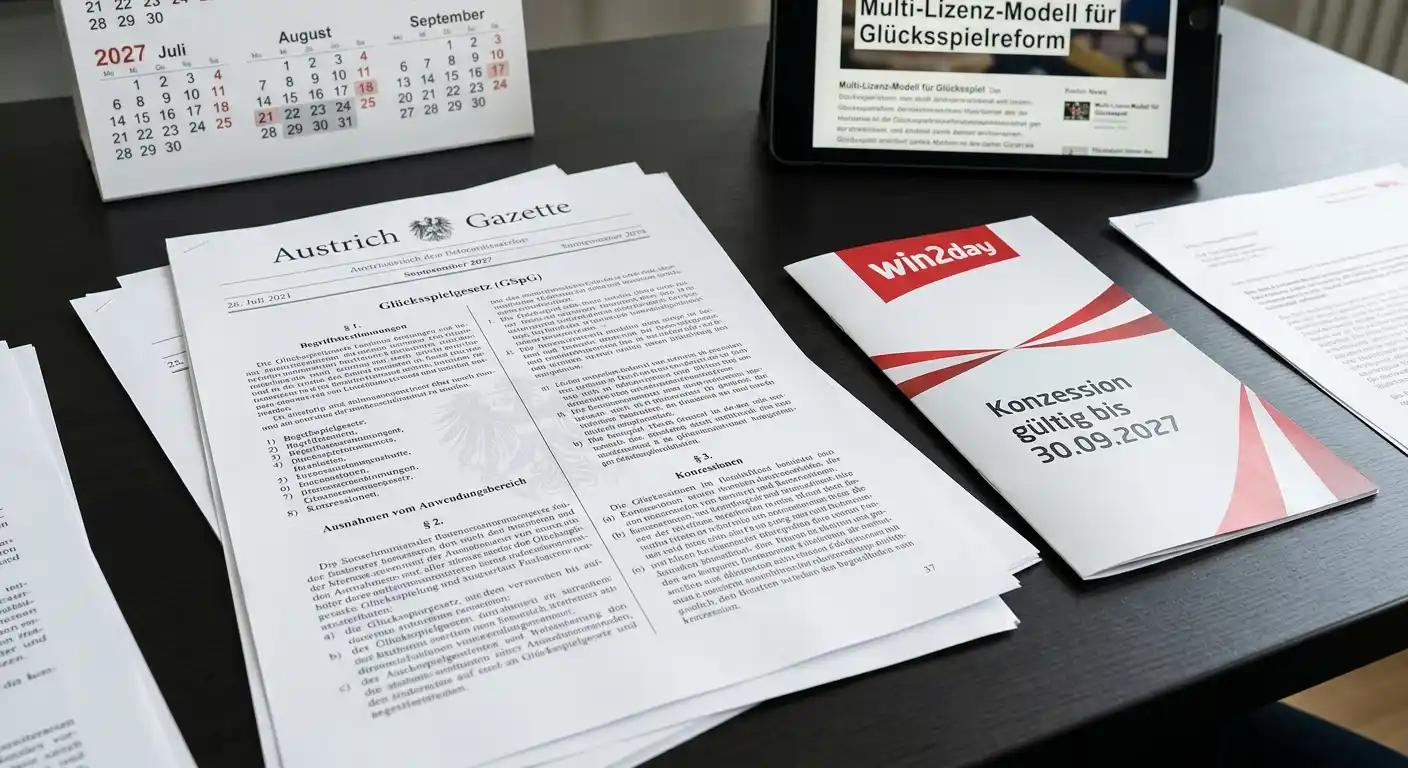 Österreichische Gesetzestexte und win2day Logo auf einem Dokument