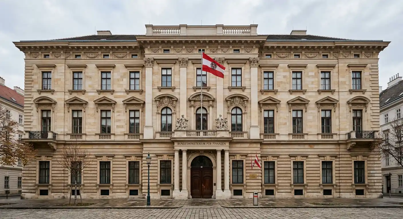 Glasfassade eines Wiener Amtsgebäudes mit österreichischer Fahne, neutrales Tageslicht, keine Personen erkennbar