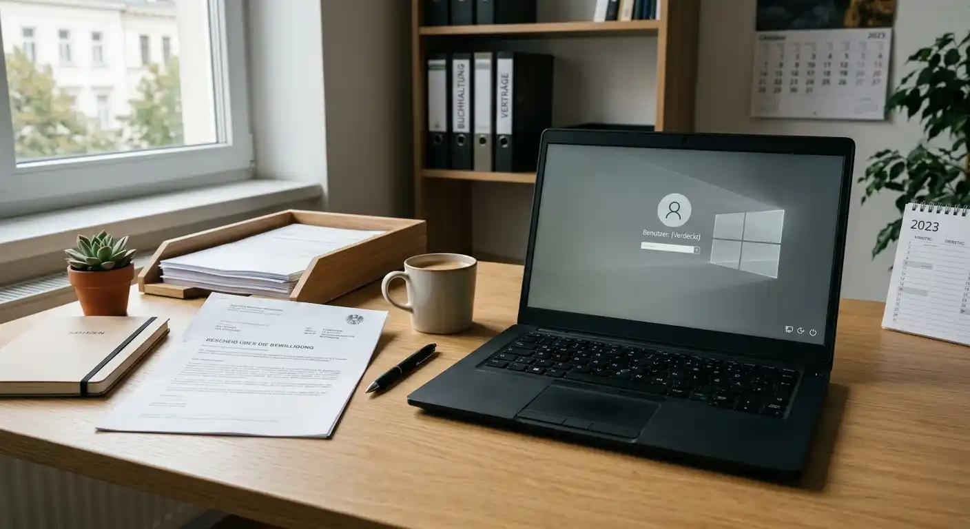 Neutraler österreichischer Konzessionshinweis neben einem Laptop ohne Markenlogo