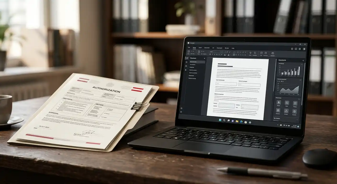 Neutrales österreichisches Konzessionsdokument neben Laptop ohne erkennbare Logos