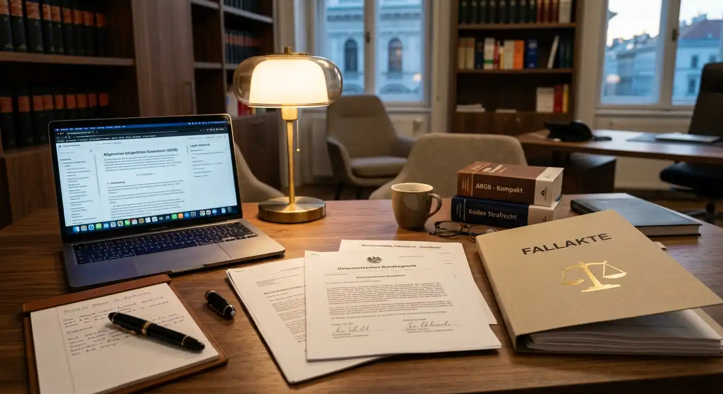 Anwaltsbüro mit österreichischen Rechtsdokumenten, neutraler OGH-Urteil-Ordner, keine echten Logos