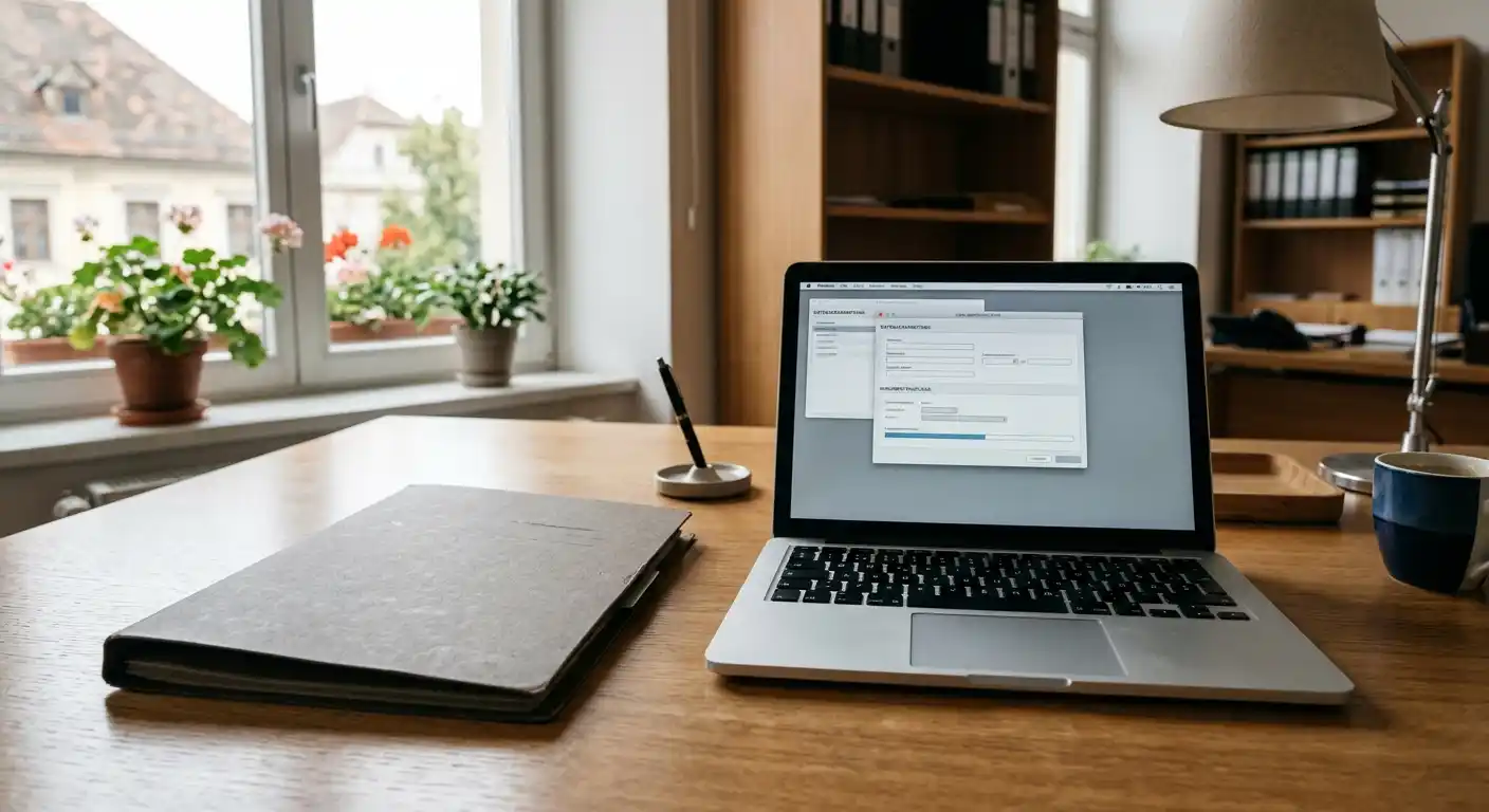 Neutraler Lizenzordner neben einem Laptop ohne erkennbare Markenlogos