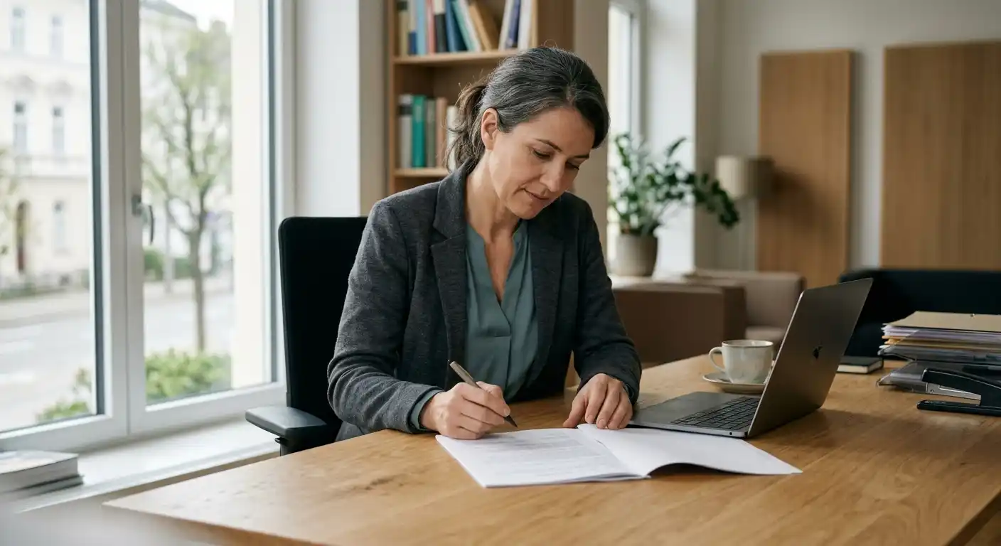 Person prüft ein neutrales Konzessionsdokument neben einem Laptop