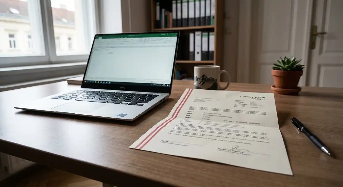 Neutrales Konzessionsdokument auf einem Schreibtisch neben einem Laptop