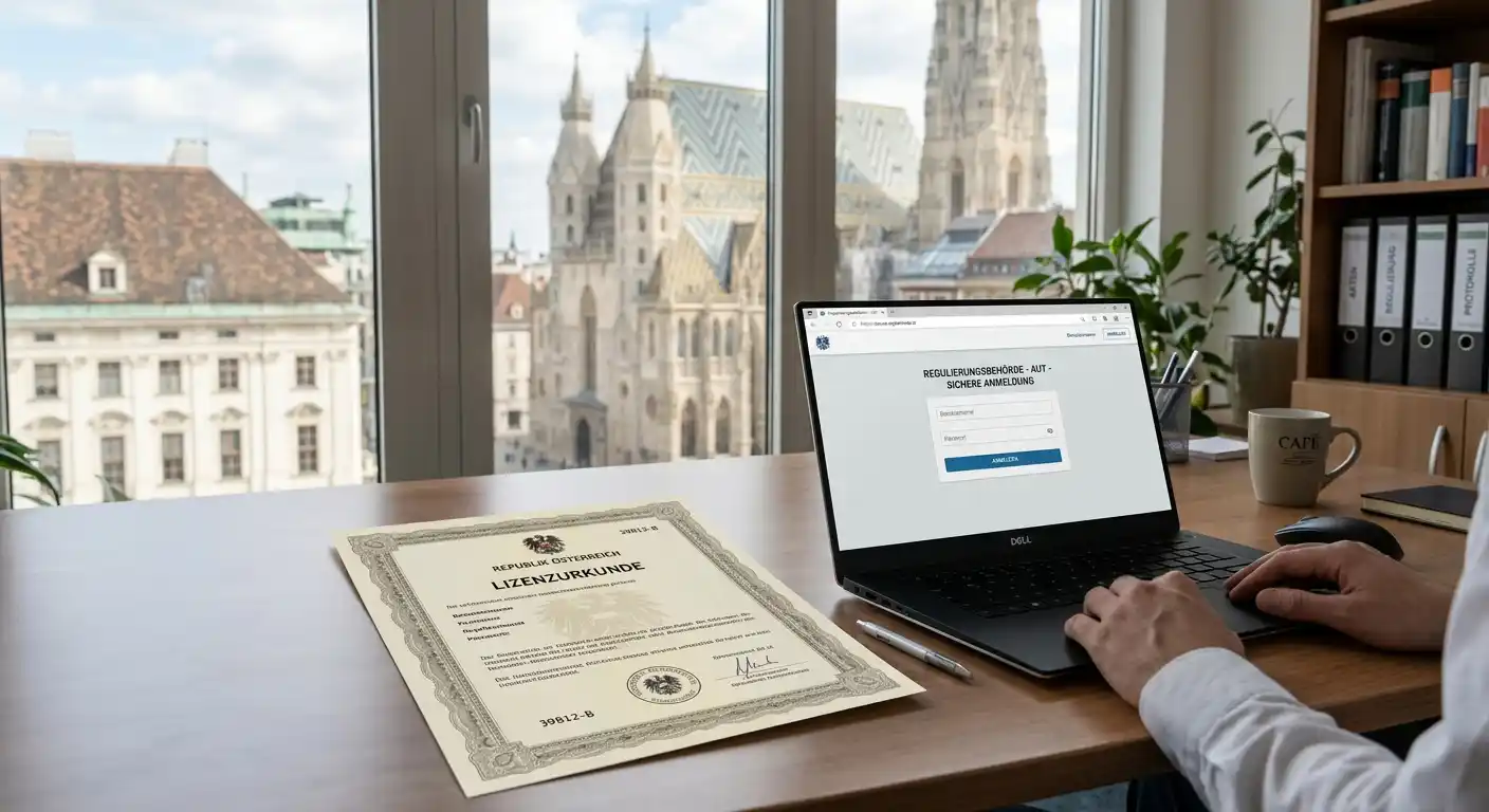 Neutraler Konzessionsnachweis neben Laptop für österreichisches Online-Glücksspiel