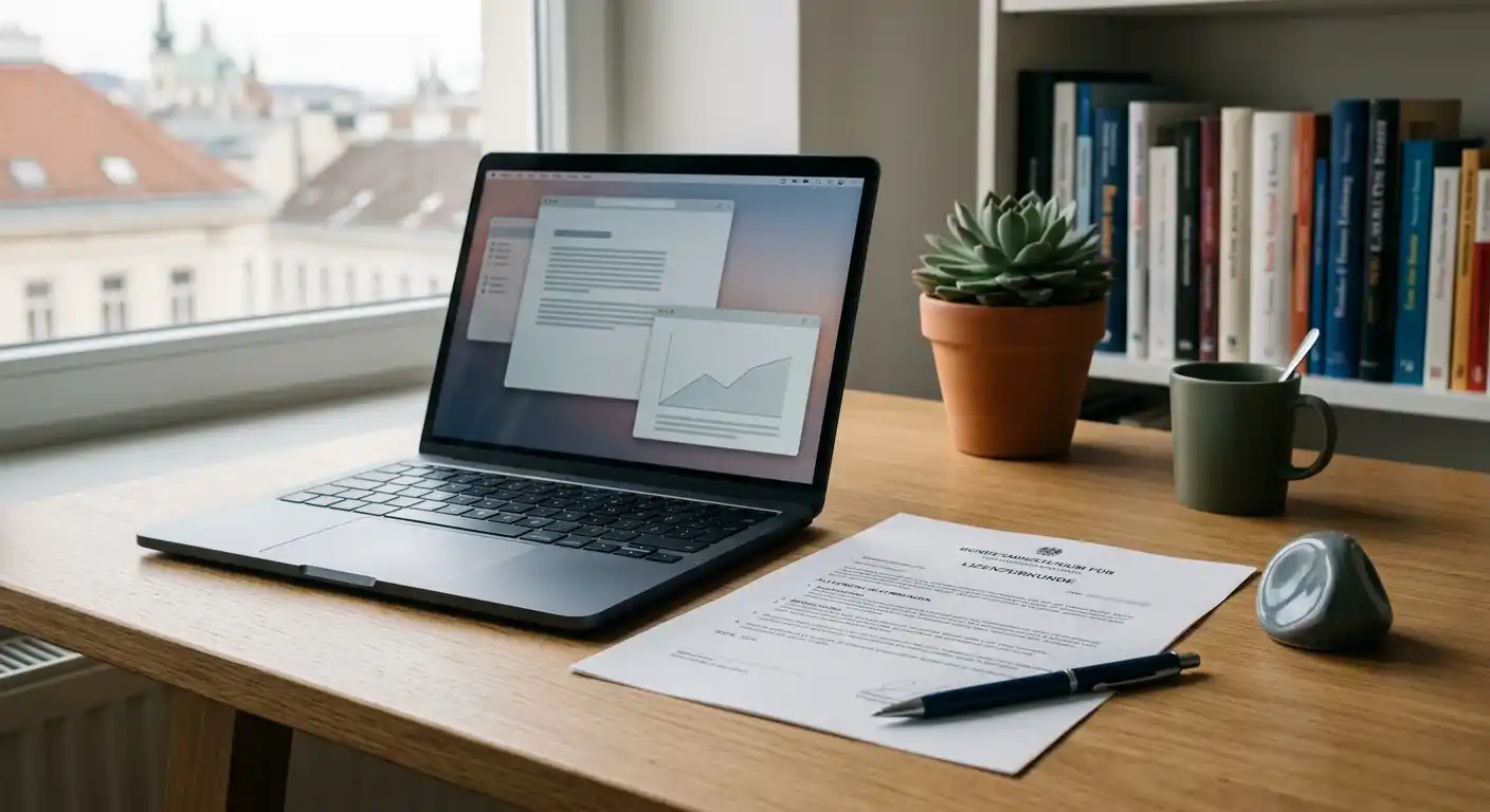 Österreichische Konzessionsprüfung an einem Schreibtisch mit neutralem Dokument und Laptop