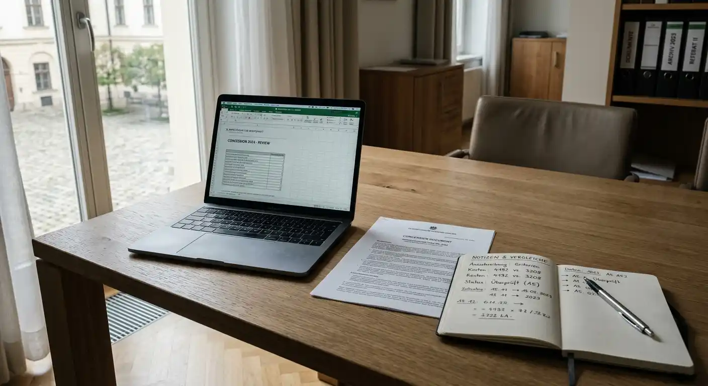 Neutrales Konzessionsdokument neben Laptop und Notizblock