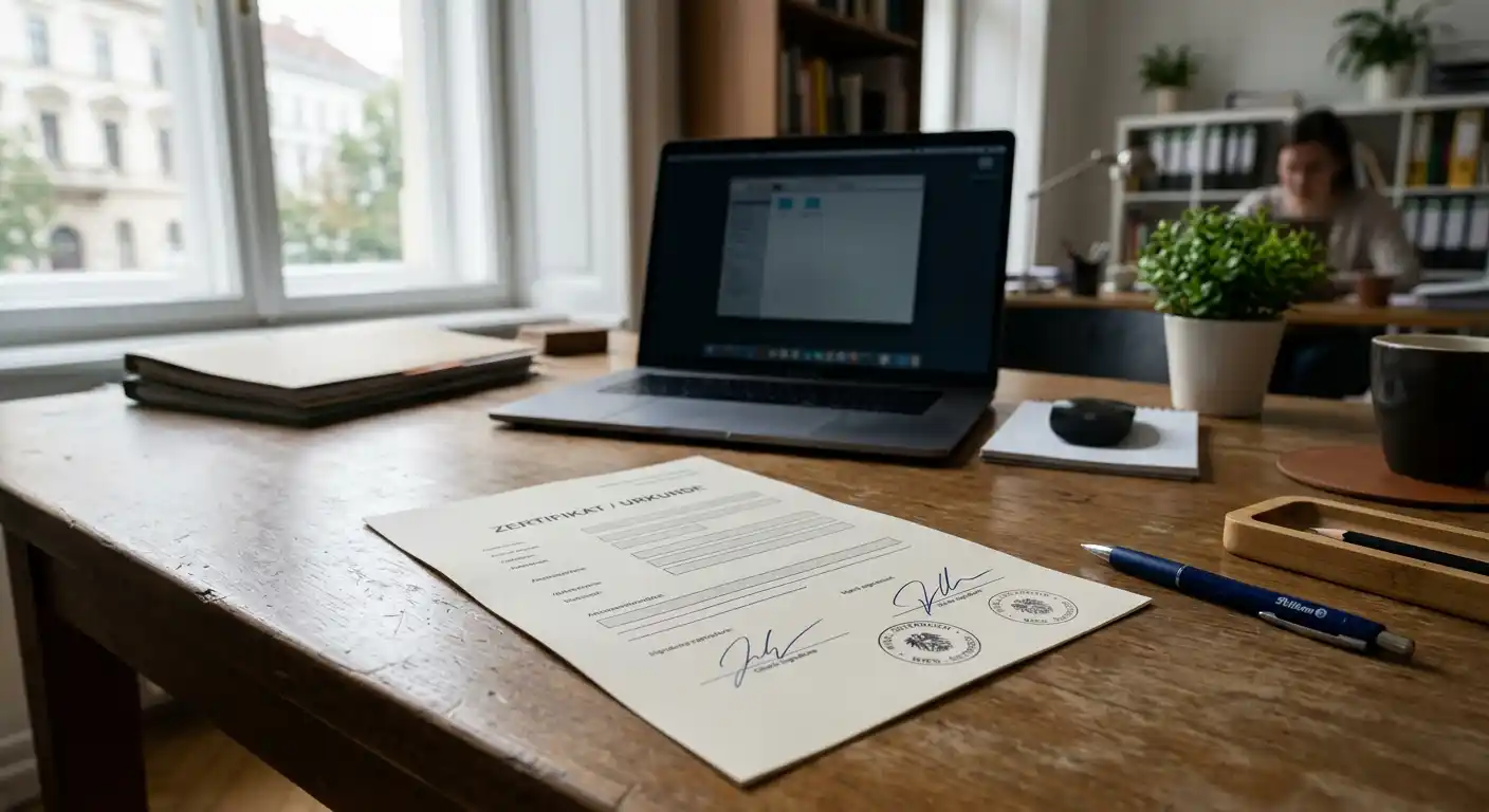 Schreibtisch mit neutralem Lizenzdokument und zwei getrennten Prüfnotizen