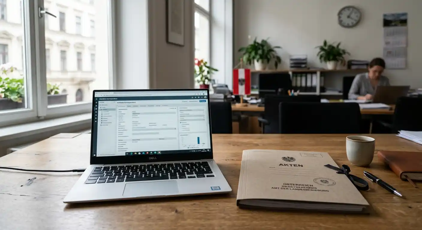 Neutrales Dokument mit österreichischer Konzessionsprüfung auf einem Schreibtisch